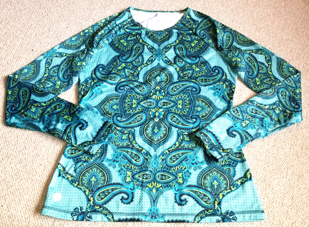 Womens Top-ATHLETA-blue paisley 'Sierra Nevada' stretch knit athleisure-M